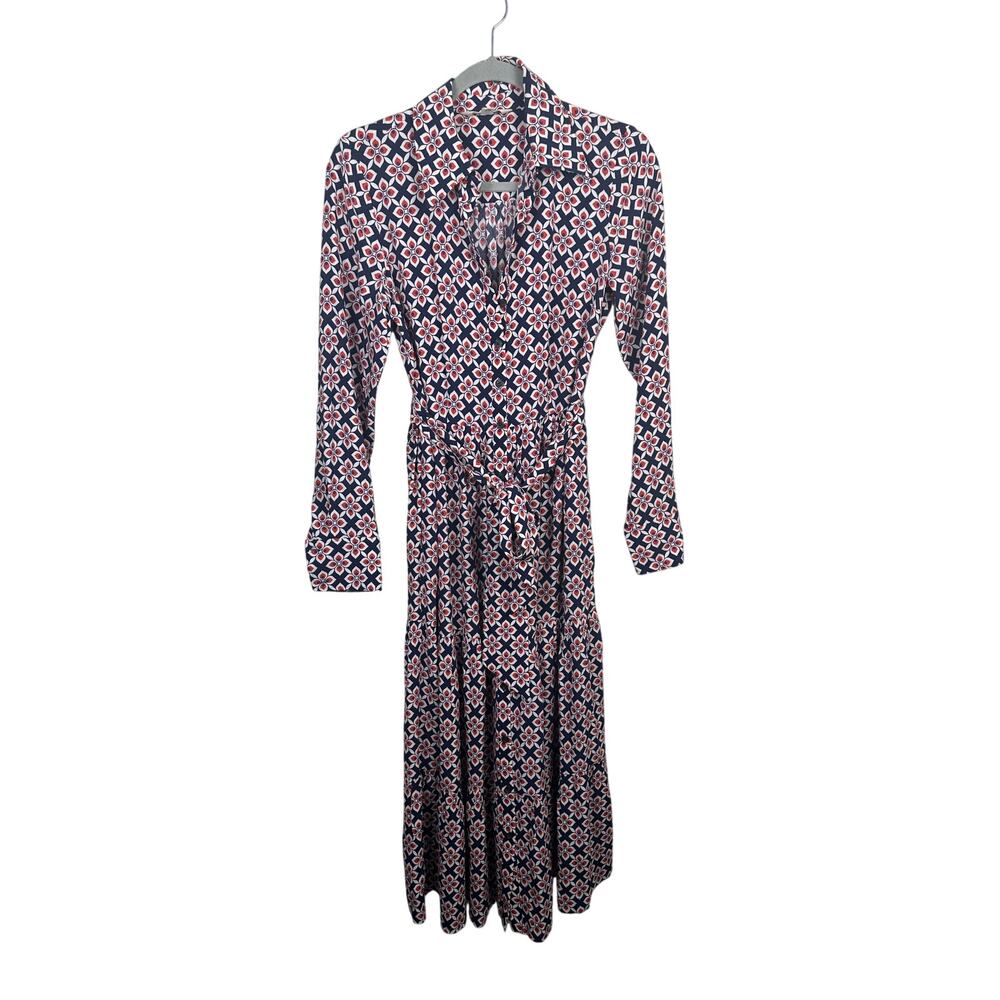 Boden Flo Shirt Dress Women 4 Red Diamond Floral EUC Midi Long Sleeve Tiered‎